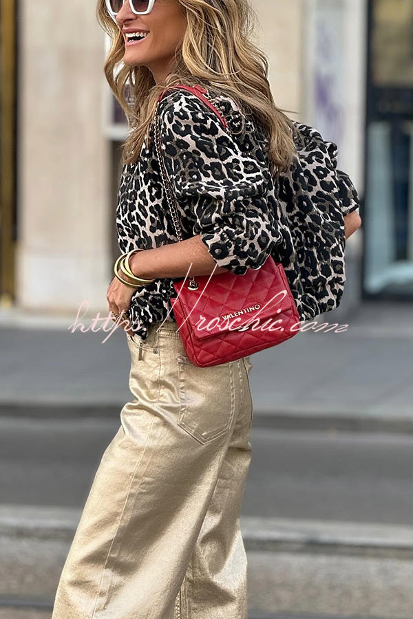 Metallic Wide Leg Pants High Waist with Pockets
