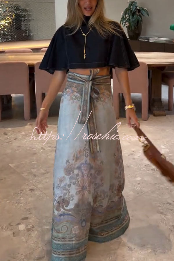 Linen Blend Paisley Maxi Skirt High Rise Tie Waist Vacation