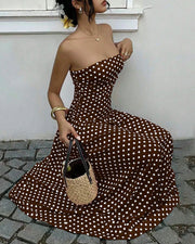 Vintage Polka Dot Strapless Ruffle Maxi Dress