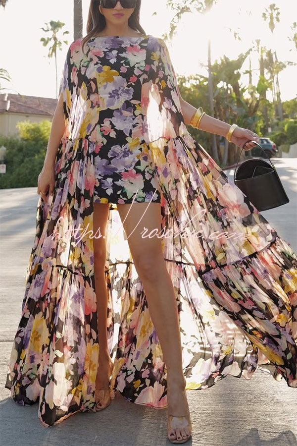Floral Print High Low Cape Maxi Dress for Party & Vacation