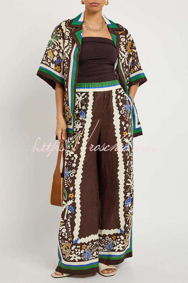 Printed Satin Long Sleeve Shirt and Pants Set – Loose Fit