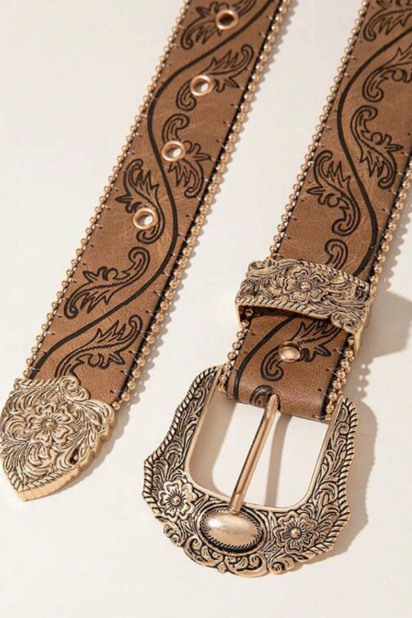 Distressed Western Vintage Denim Belt with Embossed Buckle