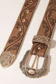 Distressed Western Vintage Denim Belt with Embossed Buckle