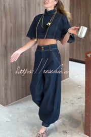 High Rise Denim Harem Pants with Ankle Strap Buckle