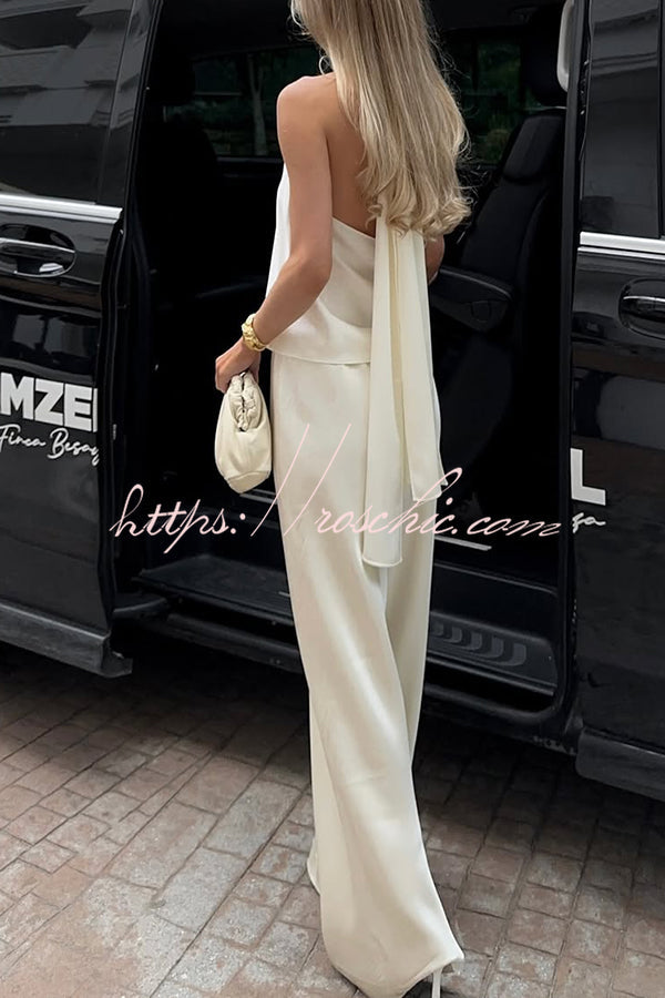 Satin Halter Two-Piece Wide Leg Pants Set