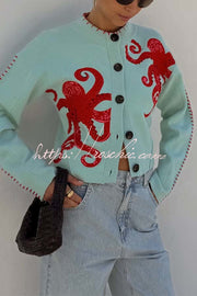 Octopus Graphic Knit Cardigan – Loose Fit Button-Up Sweater