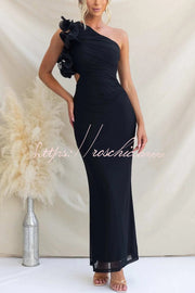 One-Shoulder Mesh Maxi Dress – Slim Fit Party Dress
