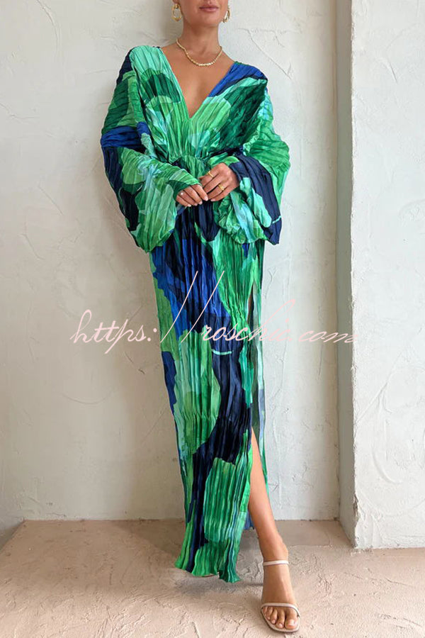 Tropical Print Kimono Sleeve Pleated Cocoon Maxi Dress