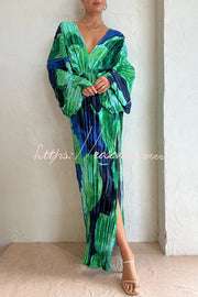 Tropical Print Kimono Sleeve Pleated Cocoon Maxi Dress