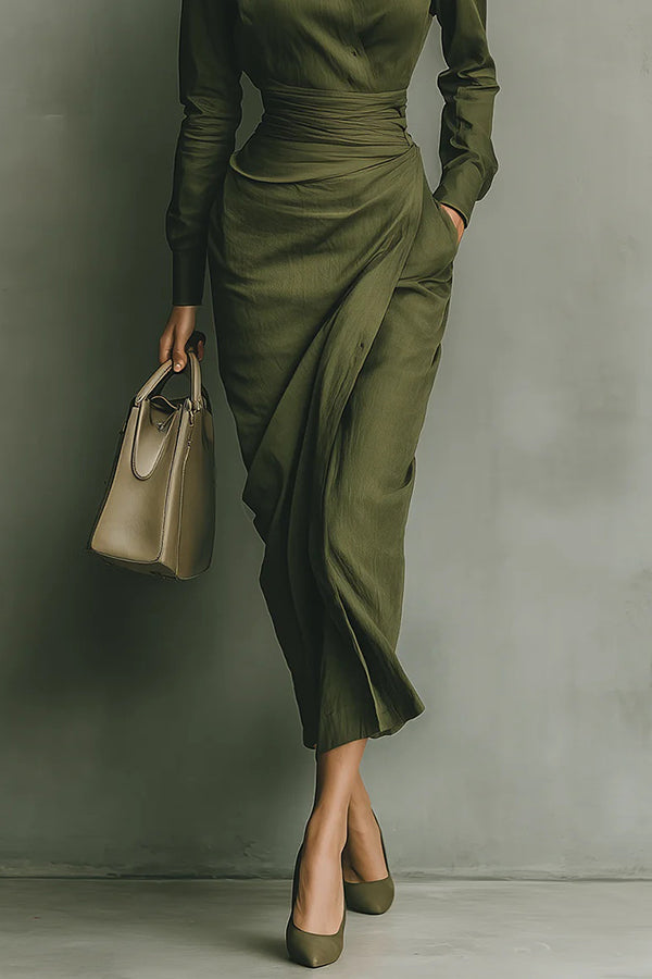 Women's Slim-Fit Lapel Midi Dress with Long Sleeves
