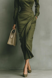 Women's Slim-Fit Lapel Midi Dress with Long Sleeves