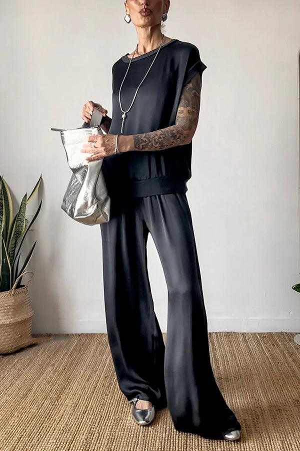 Satin Wide-Leg Pants Set with Short-Sleeve Top