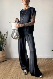 Satin Wide-Leg Pants Set with Short-Sleeve Top