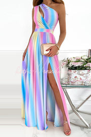 Floral One-Shoulder Cutout Slit Maxi Dress