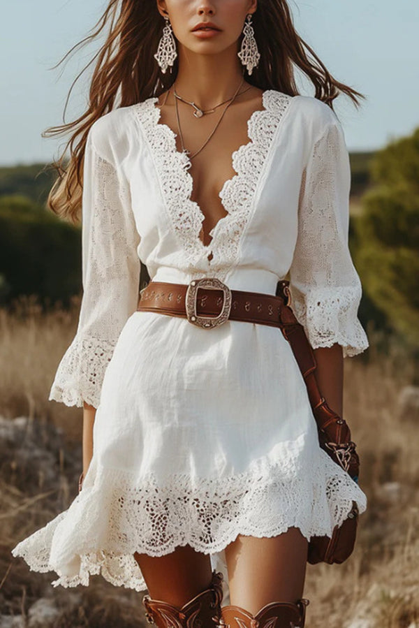 V-Neck Lace Trim Mini Dress – Slim Fit Vacation Style
