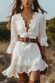V-Neck Lace Trim Mini Dress – Slim Fit Vacation Style