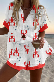 Lobster Print Loose Button Shorts Set with Elastic Waist