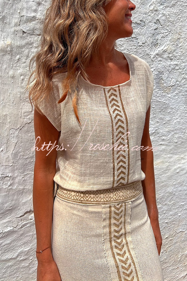 Linen Blend Ethnic Print Loose Top | Casual Vacation Blouse