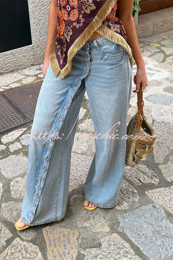 Diagonal Placket Loose Fit Denim Jeans – Ankle Length