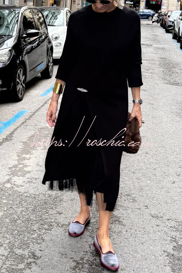 Knit & Tulle Two-Piece Midi Dress Set with Long Sleeve Top