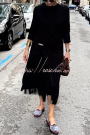 Knit & Tulle Two-Piece Midi Dress Set with Long Sleeve Top