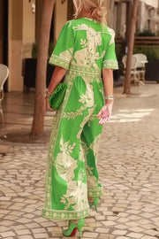 Plant Print V-Neck Jumpsuit – Loose Fit, Short Sleeve