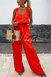 Embroidered Flower Sleeveless Jumpsuit – Loose V-Neck