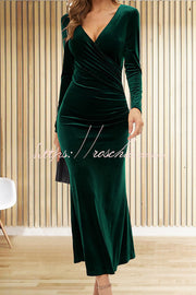 Velvet Long Sleeve V-Neck Fishtail Maxi Dress – Slim Fit