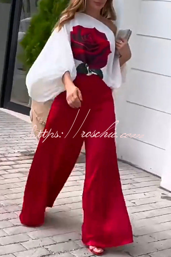 Rose Print Wide Leg Pants Suit with Belted Waist