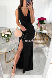 V-Neck Ruched Slit Maxi Dress for Parties