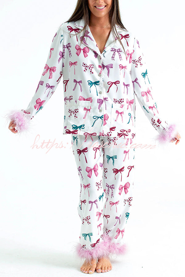 Christmas Printed Feather Trim Pajama Set with Pockets
