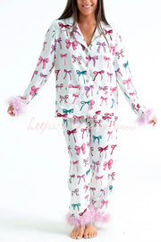 Christmas Printed Feather Trim Pajama Set with Pockets