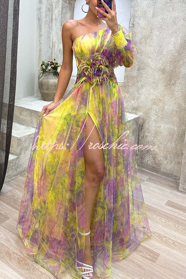 Tulle One-Shoulder Floral Pleated Slit Maxi Dress