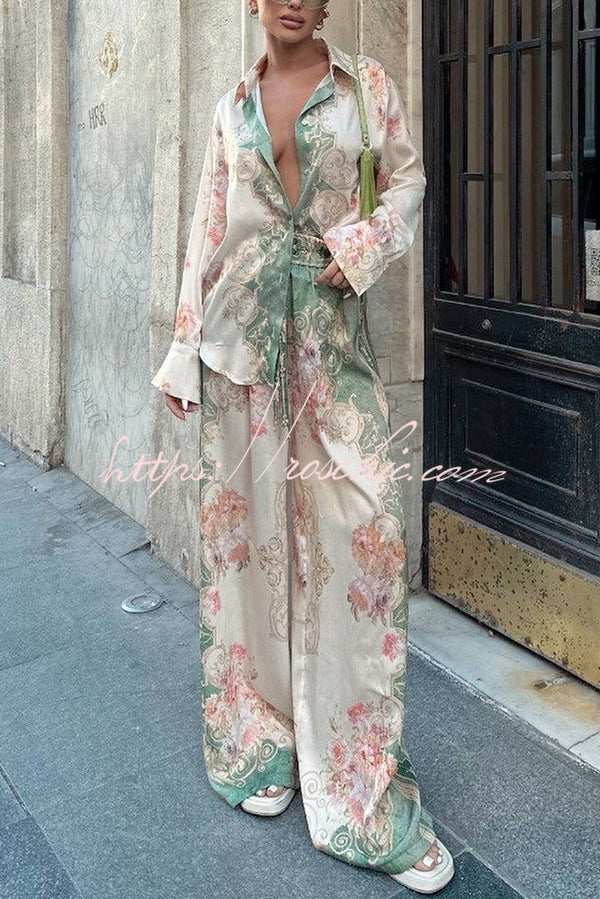 Ensemble chemise et pantalon à manches longues imprimé en satin, coupe ample