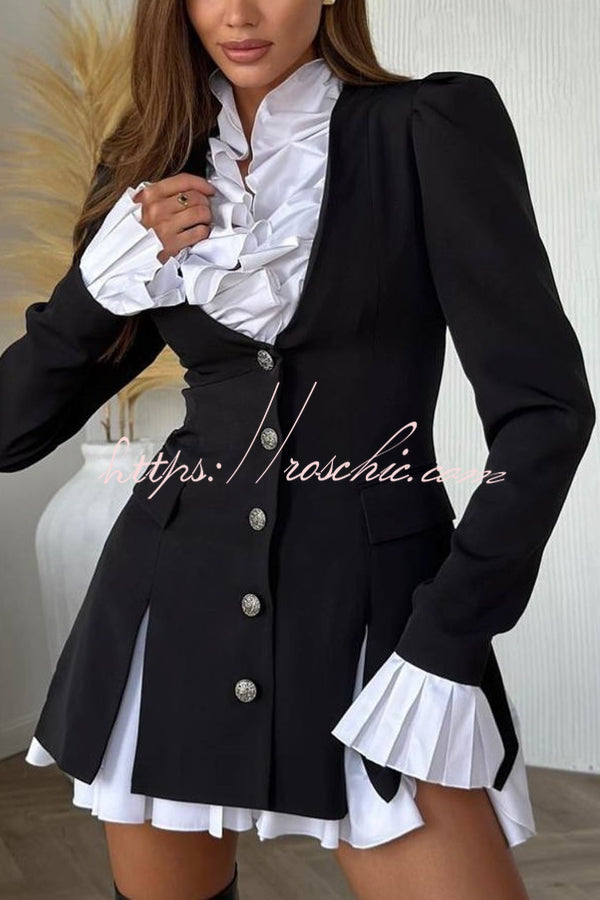 Ruffled Patchwork Blazer Mini Dress – Long Sleeve Shirt Collar