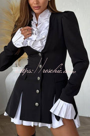 Ruffled Patchwork Blazer Mini Dress – Long Sleeve Shirt Collar