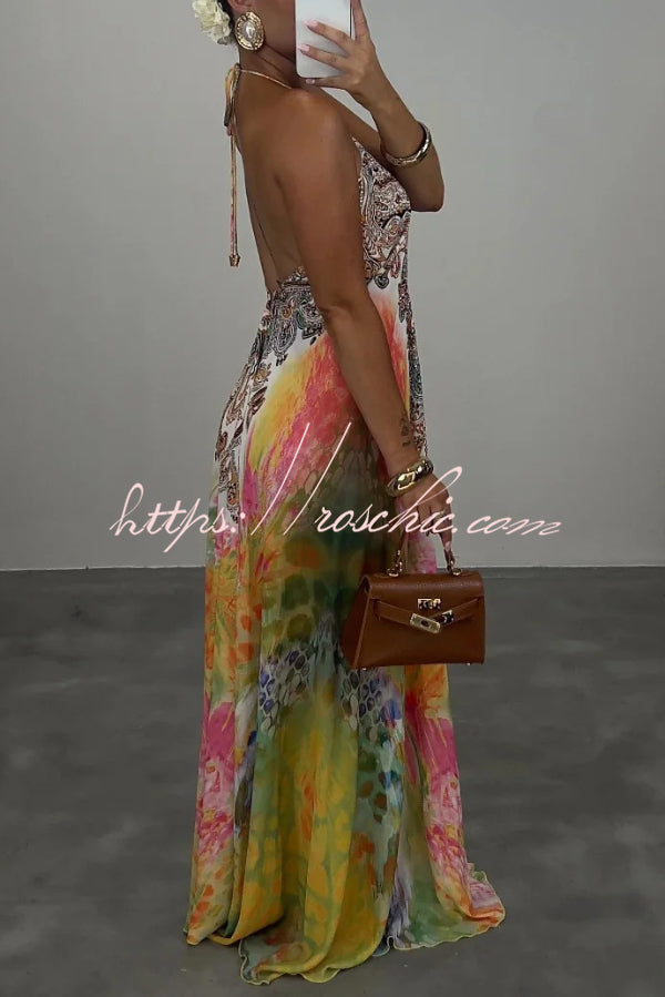 Robe longue ample bohème, col licou, sans manches, dos nu