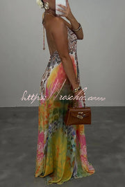 Robe longue ample bohème, col licou, sans manches, dos nu