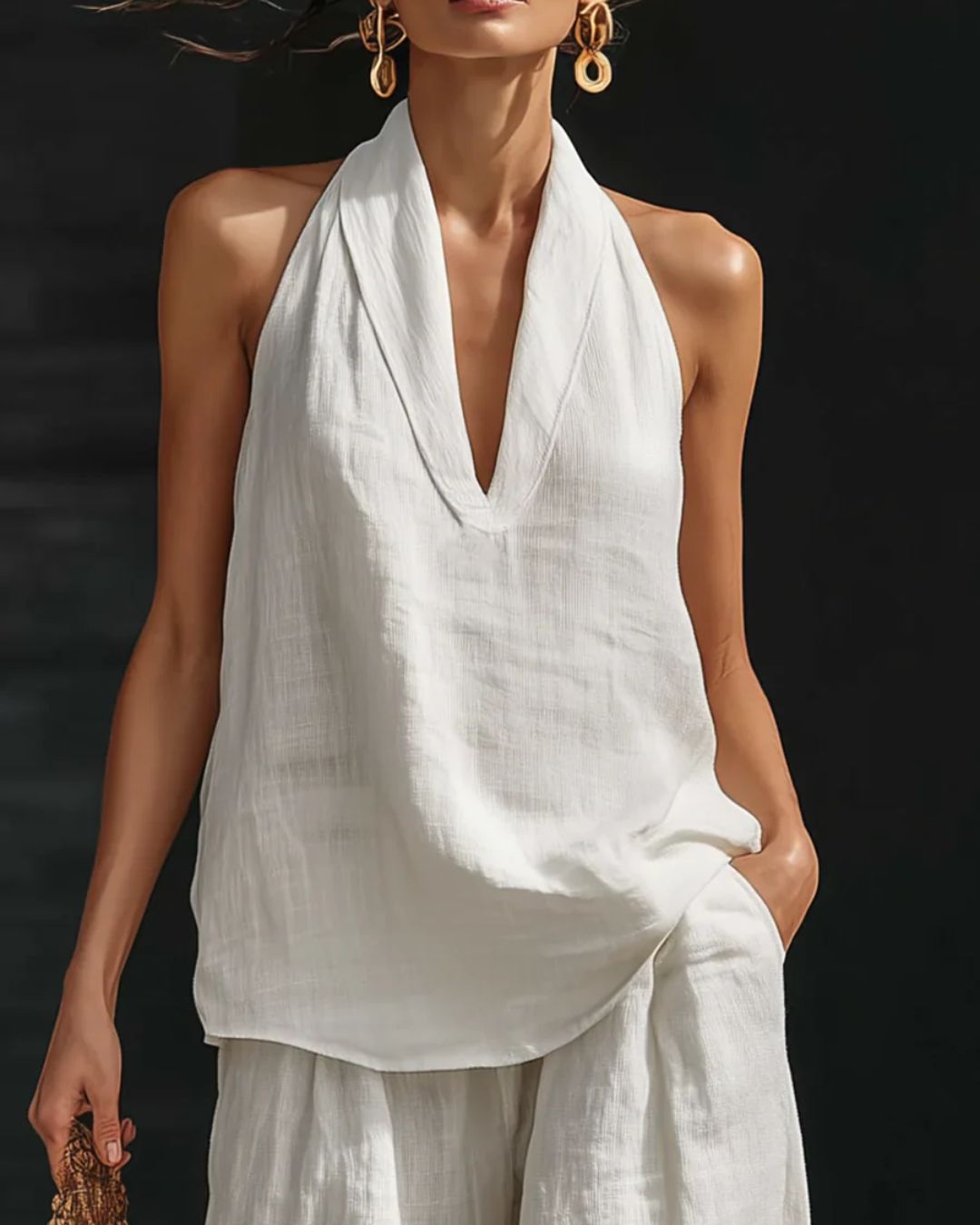 Linen-Blend Halter V-Neck Top & Wide-Leg Trousers Set