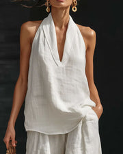 Linen-Blend Halter V-Neck Top & Wide-Leg Trousers Set