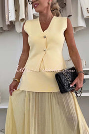 Knit V-Neck Sleeveless Vest with Gold Buttons – Loose Fit