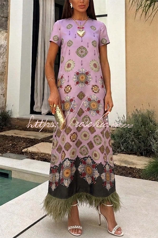 Satin Baroque Printed Maxi Dress with Feather Trim