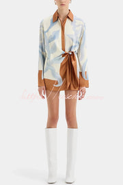 Satin Colorblock Tie-Up Shirt Mini Dress | Long Sleeve