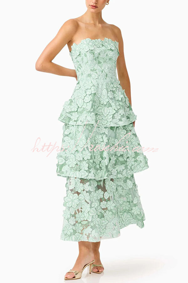 3D Floral Embroidery Off Shoulder Tiered Maxi Dress