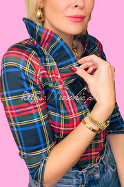 Holiday Plaid Ruffle Stand Neck Blouse – Loose Fit