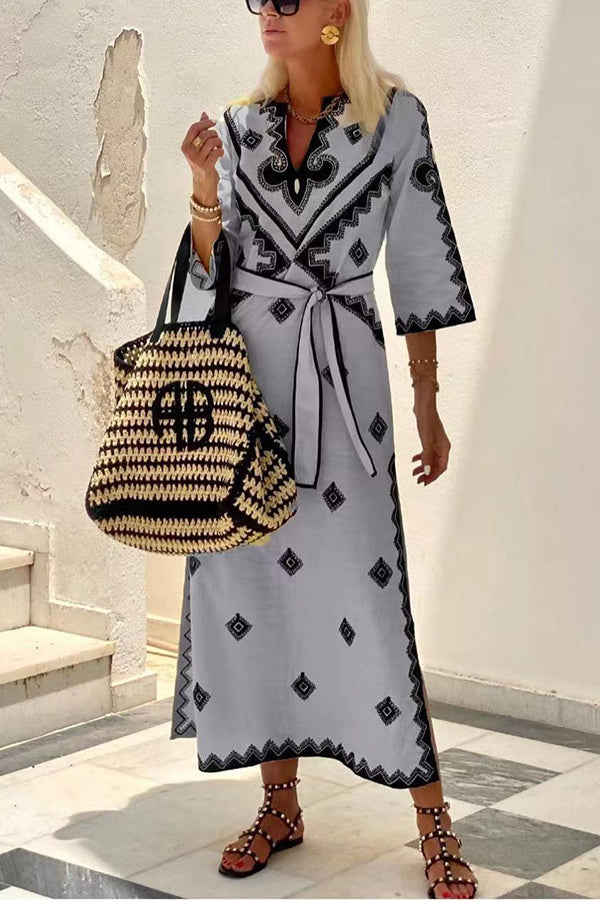 Linen Blend Ethnic Print Belted Midi Dress | Vacation Style