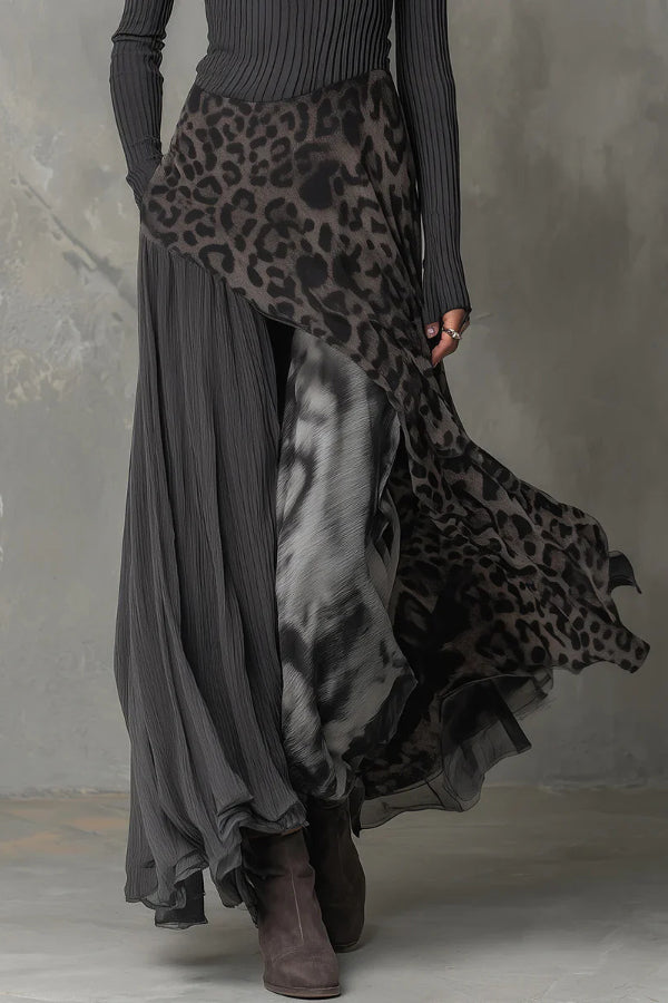 Robe longue patchwork imprimé léopard – Vacances à manches longues
