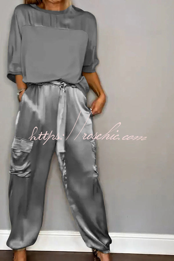 Satin Half-Sleeve Top & Elastic Waist Pants Set