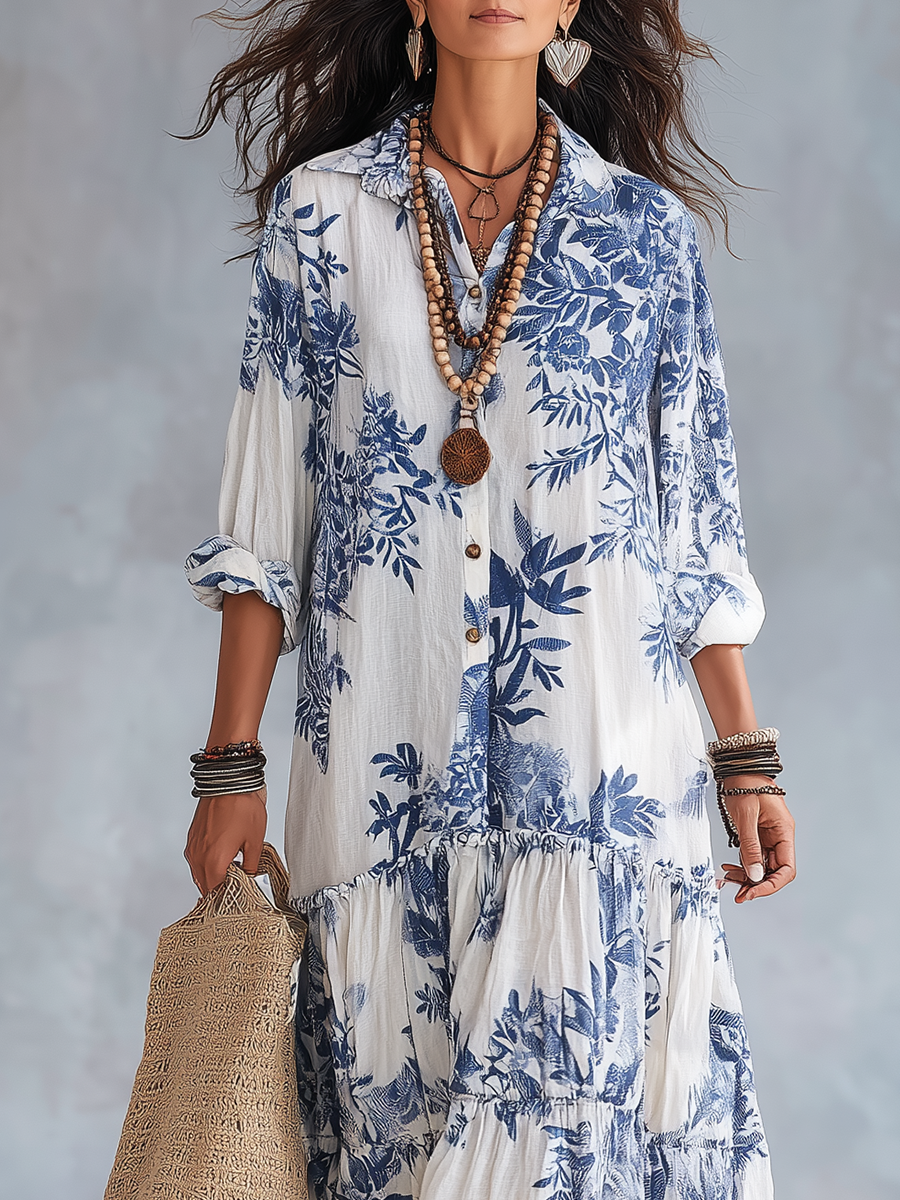 Blue Floral Button-Down Maxi Dress – Boho Vacation Style