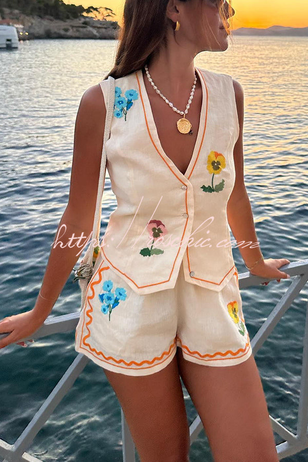 Floral Linen Blend Button Vest & Shorts Set
